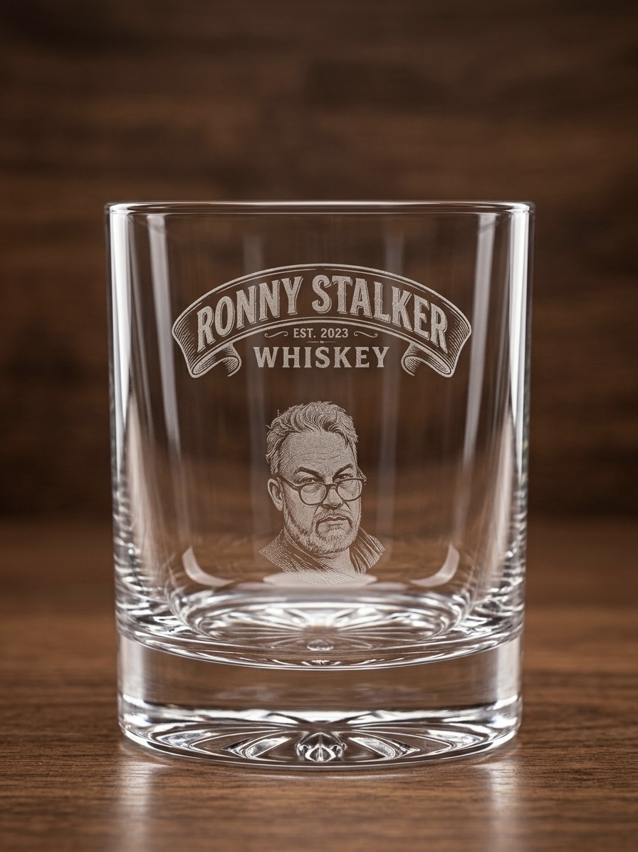 Ronnie Stalker whiskeyglas met gegraveerd portret en merknaam