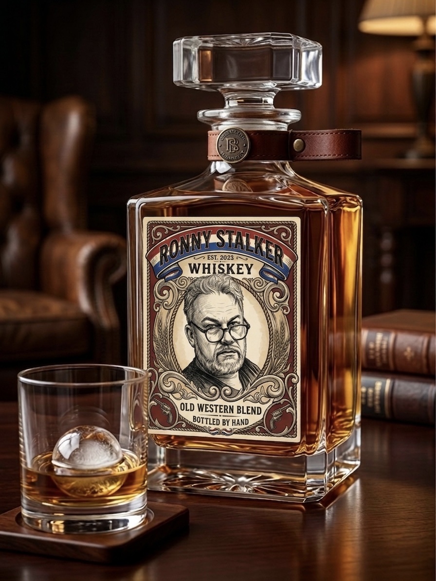 Een fles Ronnie Stalker whiskey en een geschonken glas op een houten tafel